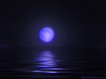 Blue Moon - horizon, night, water, full moon