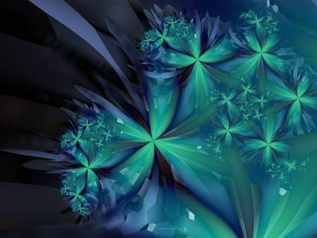 Painted Petals - fractal, green, flower petals, blue