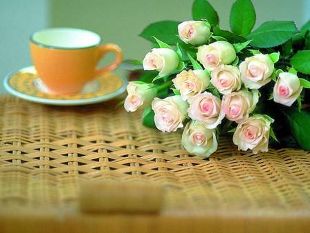 Coffee and Roses - cane table, coffee cup, bouquet, flowers, soft pink roses