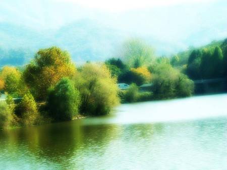 Dreamy Lake - lake, art, dreamy, trees