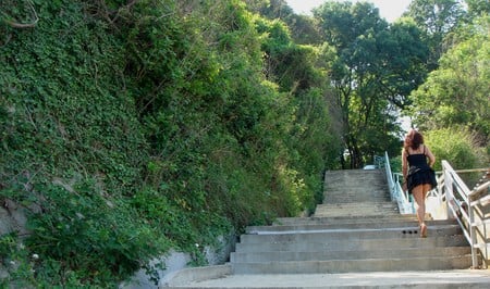 girl on the steps - trees, nature, legs, girl, steps, sexy