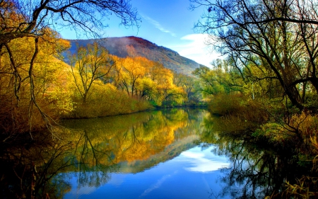 Autumn mountain river - calm, quiet, tranquil, reflection, mountain, shore, riverbank, lake, nice, sky, falling, branches, trees, beautiful, mirrored, lovely, fall, river, nature, serenity, silent