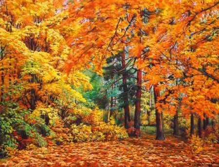 Autumn forest - nice, season, autumn, falling, trees, park, path, lovely, foliage, painting, art, fall, forest, beautiful, leaves, colors