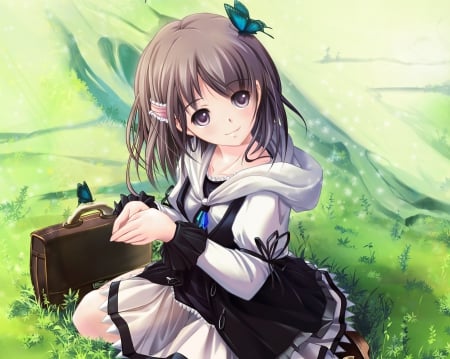 Green Grass - pretty, anime, kawaii, female, dress, grass, bag, short hair, field, nice, gown, anime girl, beautiful, hot, girl, beauty, lovely, brown hair, sweet, butterfly, cute, sexy