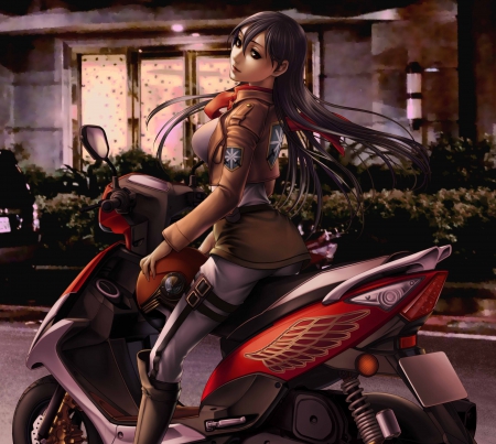 Mikasa Ackerman - cute, maiden, beautiful, hot, anime girl, girl, lady, bike, 3d, shingeki no kyojin, attack on titan, mikasa ackerman, motorbike, pretty, beauty, sweet, anime, hd, cg, long hair, mikasa, nice, lovely, sexy, female, realistic, motorcycle