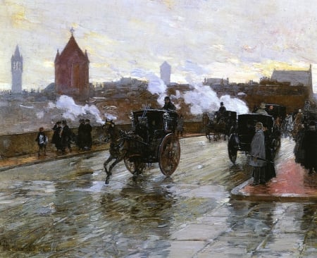 Busy Street - painting, carriage, street, town