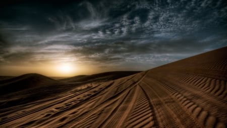 sunset over desert dunes - clouds, ripples, sunset, desert, dunes