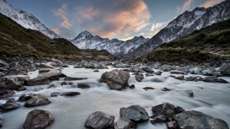 fantastic mountains river in new zealand - mountains, clouds, rocks, river