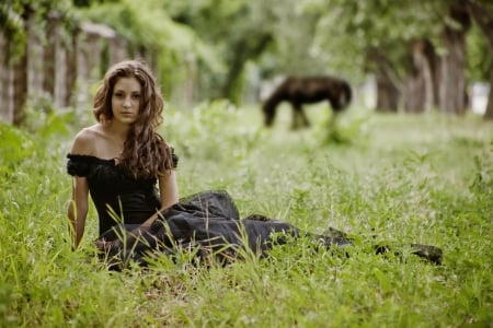 Just Beautiful - beautiful, photography, girl, beauty, grass, horse, nature, woman, black dress, brunette