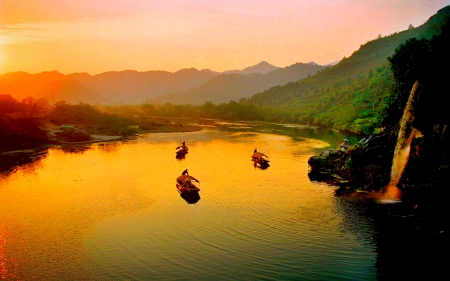 ONE FINE MORNING - morning, waterfalls, boats, river