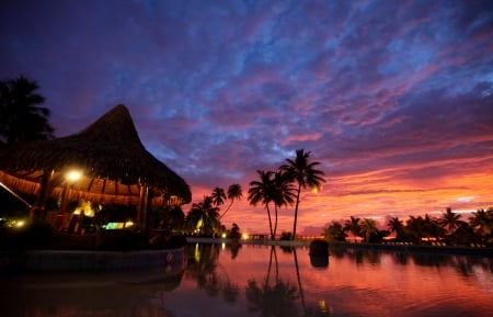 Fijian Sunset - South Pacific - sky, paradise, sunset, polynesia, orange, dusk, resort, palm trees, swimming, islands, tropical, exotic, luxury, island, fiji, south pacific, pool, fijian