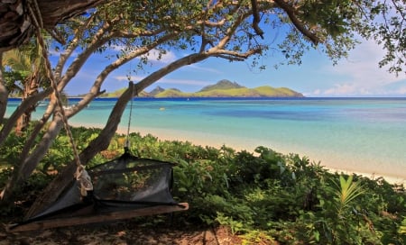 Hammock on Beach Fiji - lagoon, blue, fiji, beach, hammock, sea, island, polynesia, ocean, sand, south pacific, islands, tropical, view, exotic, paradise