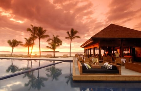 Tropical Sunset Fiji - restuarant, beach, sky, paradise, bar, sunset, polynesia, view, evening, orange, dusk, ocean, swimming, islands, tropical, exotic, island, fiji, pool, sea