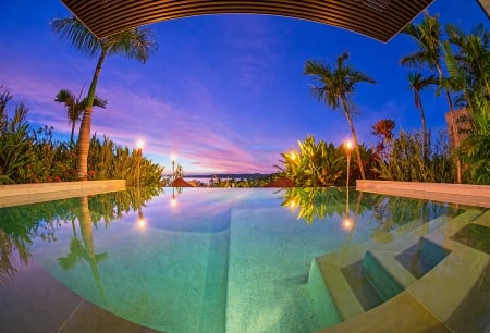 Sunset Pool Fiji - beach, paradise, water, sunset, villa, polynesia, hot tub, evening, dusk, ocean, swimming, islands, exeotic, tropical, jacuzzi, island, spa, fiji, pool, sea