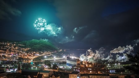 fireworks over a bay - hill, fireworks, city, bay, factory, night