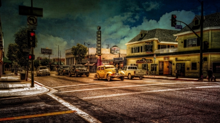 main street hdr - street, cars, stores, town, hdr, traffic