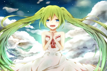 Hatsune Miku - hatsune miku, sky, blue eyes, ponytails, vocaloid, clouds, anime, green hair, dress