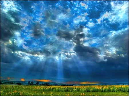 Breaking blue - stormy, sky, clouds, rays, field, blue