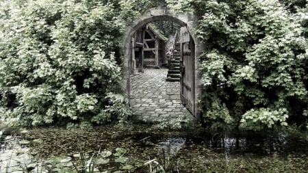 archway to a courtyard - wall, pond, courtyard, vines, archway