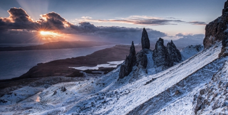 wonderful mountain sunset landscape - straits, clouds, winter, sunset, moountains, rocks