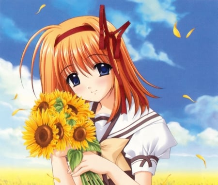 SunFlower - flower, cute, maiden, hot, anime girl, girl, sunflower, ribbon, lady, floral, cloud, pretty, kawaii, short hair, sweet, anime, sky, petals, nice, lovely, sexy, female