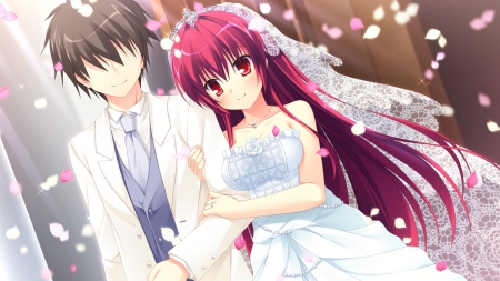 ♡ Couple ♡ - pretty, anime, female, dress, guy, wed, long hair, boy, male, short hair, red hair, married, nice, gown, anime girl, beautiful, hot, wedding, girl, beauty, lovely, brown hair, love, sweet, petals, handsome, redhead, cute, lover, sexy, couple