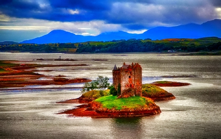 Castle - trees, mountagne, lake, photo, castle