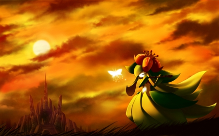 Lilligant - pretty, anime, kawaii, scenery, pokemon, landscape, scene, night, dark, nice, sky, moon, beautiful, scenic, beauty, lovely, sweet, cloud, cute, adorable, lilligant