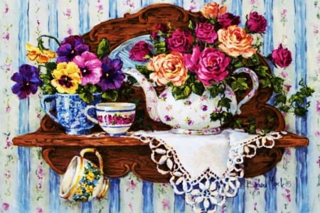 Floral Still Life - flowers, blossoms, painting, teacups, teapot