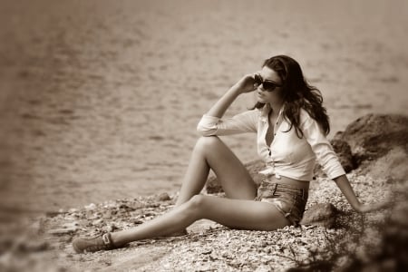 Beach - woman, beach, jeans, sand, model