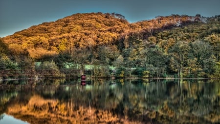 ercall hill in england reflected in lake hdr - hill, lake, autumn, reflection, forest, hdr