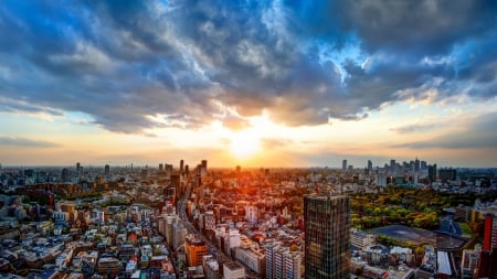 lovely sunrise above tokyo - clouds, sunrise, city, streets