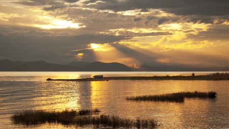 golden sunset above the bay - clouds, water, golden, mountains, sunset, bay, boat