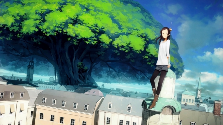 in the city - sky, girl, historical, anime girl, fantasy, big tree, clouds, city, anime, old tree, old city