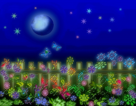 Moonlight Shining Fence - animals, colorful, creative pre-made, moons, pretty, cool, digital art, softness beauty, moonlight, butterflies, stars, fence, vector arts, adorable, lovely, plants, bright, love four seasons, beautiful, butterfly designs, flowers, colors