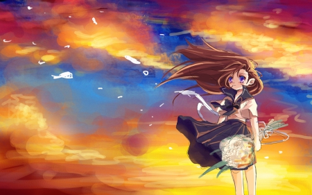 Rest in peace - sky, sundown, girl, sad, long hair, crying, brown hair, painting, school uniform, art, alone, clouds, schoolgirl, anime, flowers, purple eyes