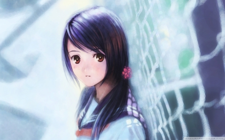 cute schoolgirl - anime, anime girl, brown hair, fence, school uniform, sample, cute, tied hair, pink flower, schoolgirl