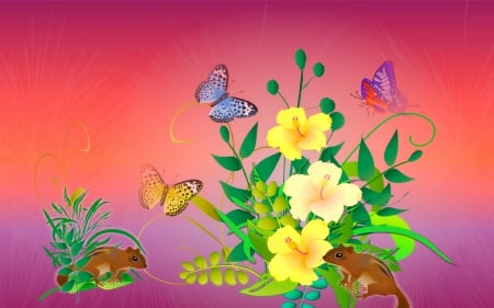 â˜…Adorable Meetingâ˜… - animals, colorful, creative pre-made, pretty, meeting, cool, digital art, softness beauty, butterflies, vector, rats, lovely, plants, bright, nature, love four seasons, beautiful, flowers, colors, butterfly designs