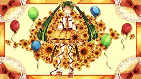 Adorned In Sunflowers - vocaloid, sunflowers, anime, ponytails, balloons, hatsune miku, long hair