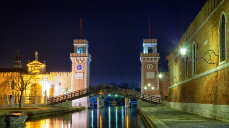 beautiful venice canal at night - night, city, canal, towers, bridge, lights