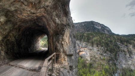 mountain road through a tunnel hdr - fence, mountains, hdr, tunnel, road