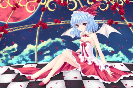 ~Remilia Scarlet~ - clouds, roses, choker, anime, dress, petals, stars, red moon, short hair, vampire, touhou, blue hair, wings, remilia scarlet