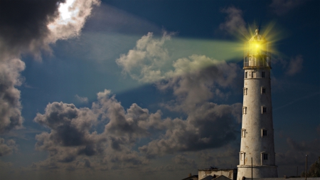 wondrous lighthouse light beam  - lighthouse, clouds, beam, light