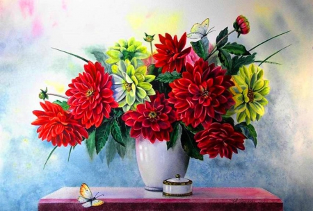 Red Flowers - flowers, red, still life, painting