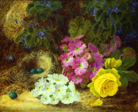 Painting - nature, painting, nest, soft, flowers