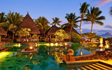 Mauritius - swimming pool, nice, resorts, hotels, bungalows, mauritius, hotel, vacation, evening, sunsets, architecture, resort, relax, magnificent, palm trees, houses, light, palms, lovely, love four seasons, restaurant, beautiful, rest, island, pool, sea, destination