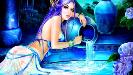 Blue Girl - anime, water, blue, girl, art fantasy, sea, colors, fantasy, blue girl, cartoons, blue dreams