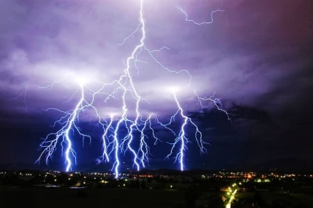 Thunderstorm - sky, houses, clouds, night, flash, lightning