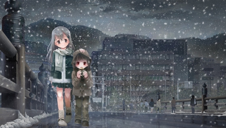 Winter Night - pretty, female, scenery, walking, food, scene, snow, children, child, nice, house, kid, hot, road, city, beauty, cute, sexy, building, anime, ty, town, walk, long hair, eat, anime girl, winter, beautiful, girl, scenic, lovely, sweet, street, eating, cold