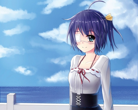 Takanashi Rikka - pretty, anime, kawaii, female, maiden, dress, short hair, nice, sky, anime girl, eyepatch, beautiful, hot, girl, beauty, lovely, sweet, blouse, lady, cloud, cute, adorable, sexy